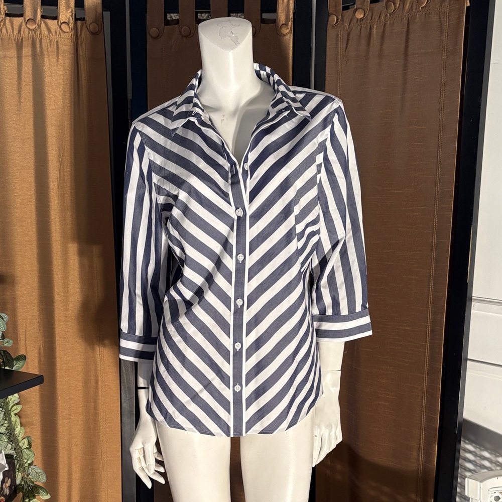Button-Up Women’s Shirt White With Blue/Grey Stripes
